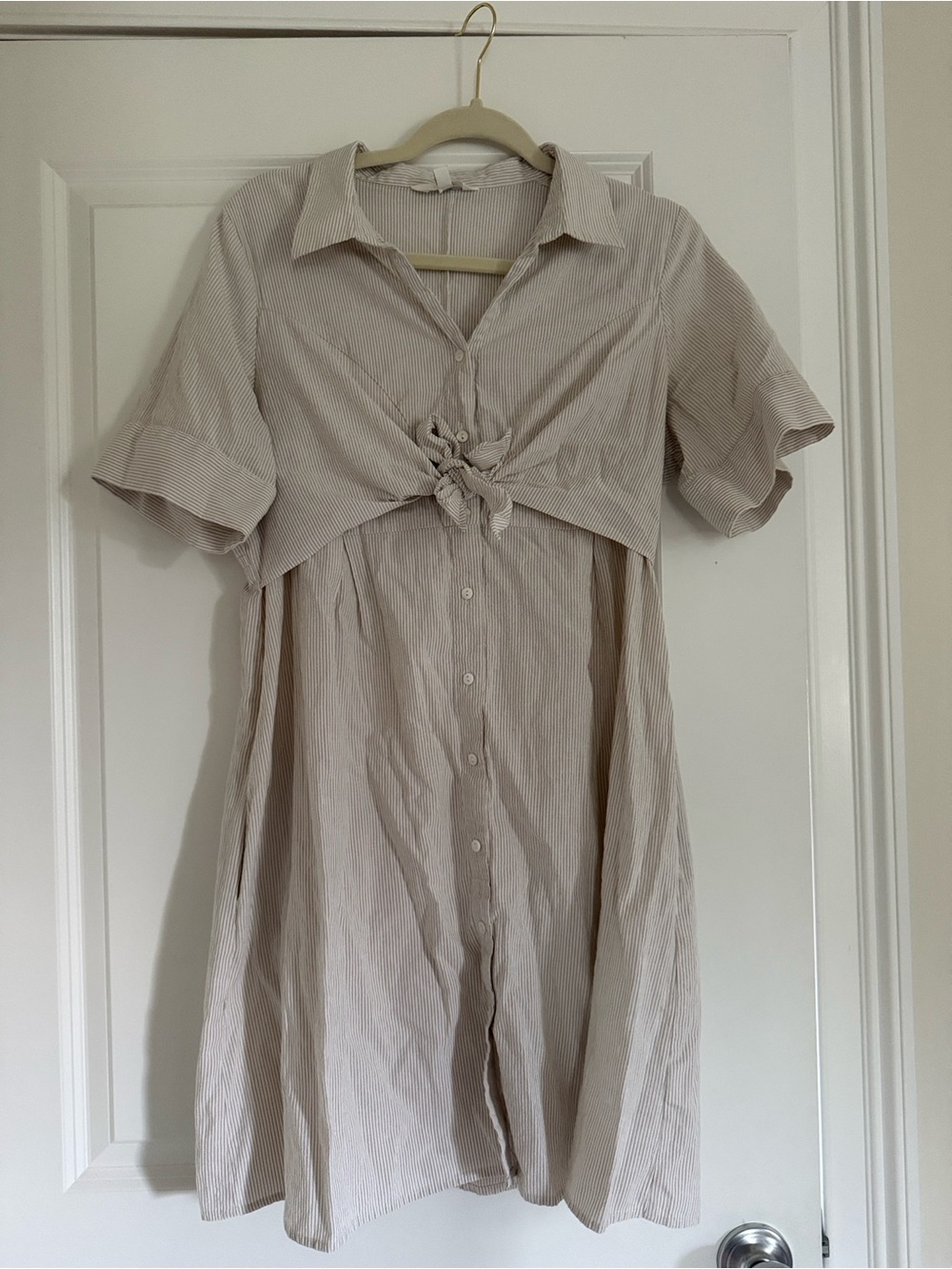 Ripe Maternity Brontë Tie-Front Short Sleeve Shirt Dress in Light Beige - Picture 2 of 2